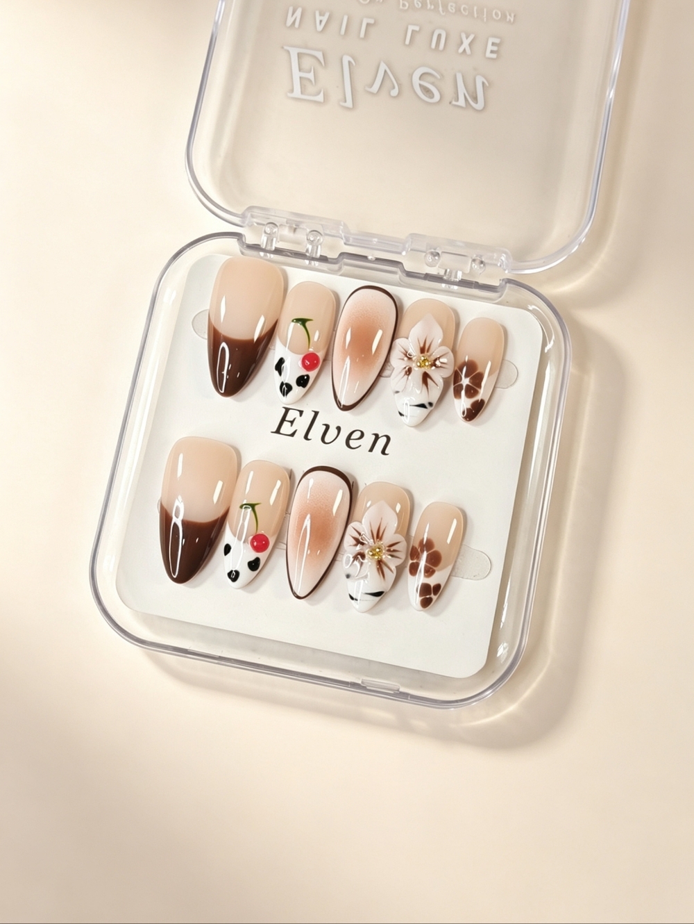 Brown and Cream Almond Shape Handmade Press On Nails Art Set